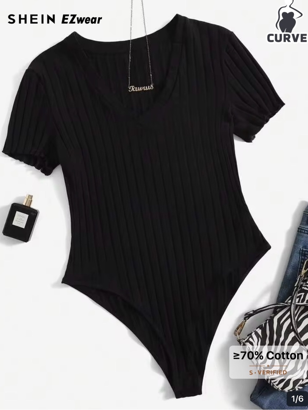 Black Ribbed V-Neck Short Sleeve Bodysuit